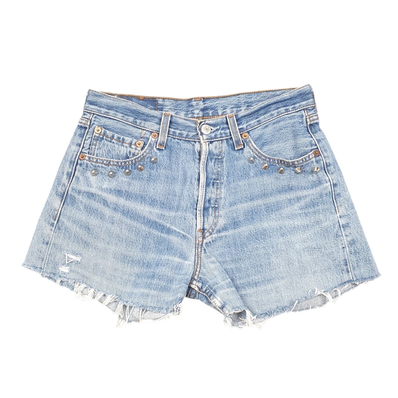 Levis 501 Jorts Studded Hot Pants Festival Rock Disressed Blue Denim Jeans Cotton Shorts W29
